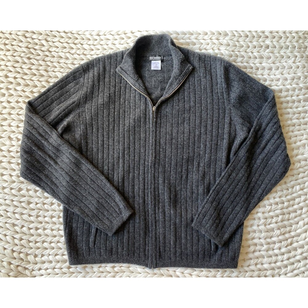 HOLT RENFREW 100% Cashmere Grey Ribbed Zip Cardigan Pockets Made in Italy LARGE